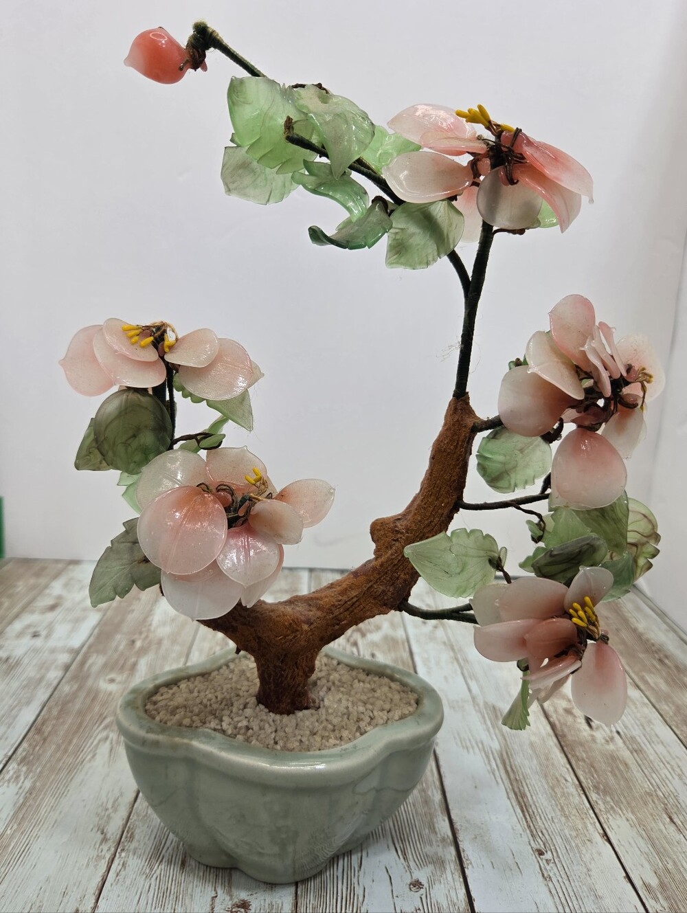 🌸 Vintage Glass Jade Glass Bonsai Tree | Pink Plum Cherry Blossom Celadon Base
